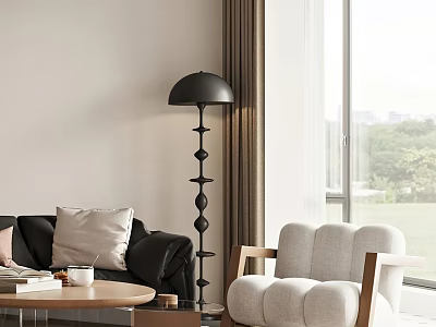 Leisure Chair in Living Room with Black Sofa Beige Curtains Black Floor Lamp and Green Outdoor View 3d model