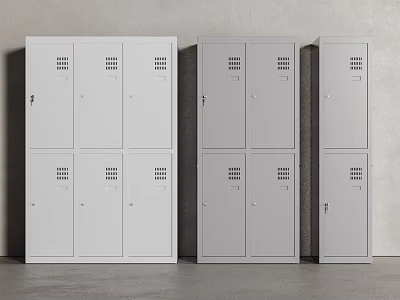 White and Gray Lockers Against Light Gray Wall With Doors Small Vents On Gray Floor 3d model