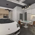 Modern Garage Interior With White Sports Car Bicycle Chandelier Wooden Shelves And Brick Wall