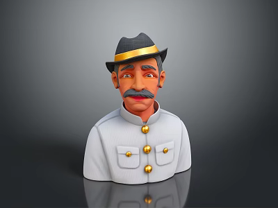 Cartoon Man with Black Hat Gold Band Mustache in White Uniform with Gold Buttons 3d model