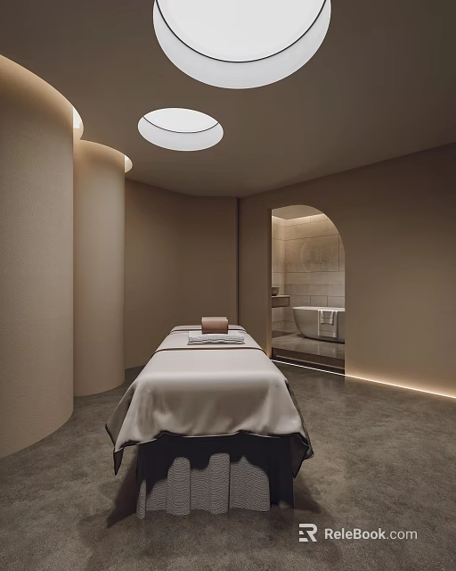 SPA Sauna Room With Massage Bed White Sheets Arched Doorway Bathtub Beige Walls Circular Skylight 3d model 