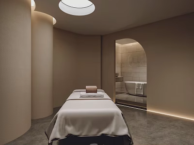 SPA Sauna Room With Massage Bed White Sheets Arched Doorway Bathtub Beige Walls Circular Skylight 3d model