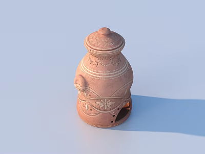 Traditional Handmade Clay Ceramic Vessel With Intricate Carved Patterns And Lid 3d model