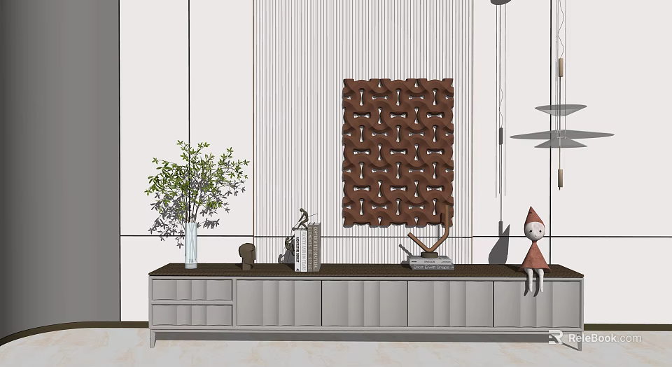 Modern Gray TV Stand With Dark Brown Top Green Plant Sculpture And Woven Decorative Painting 3d model 