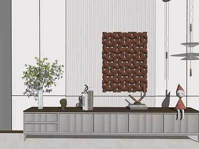 Modern Gray TV Stand With Dark Brown Top Green Plant Sculpture And Woven Decorative Painting 3d model