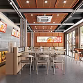 Modern Restaurant Interior With Orange Ceiling Wooden Tables Large Windows Menu Boards And Display Shelves