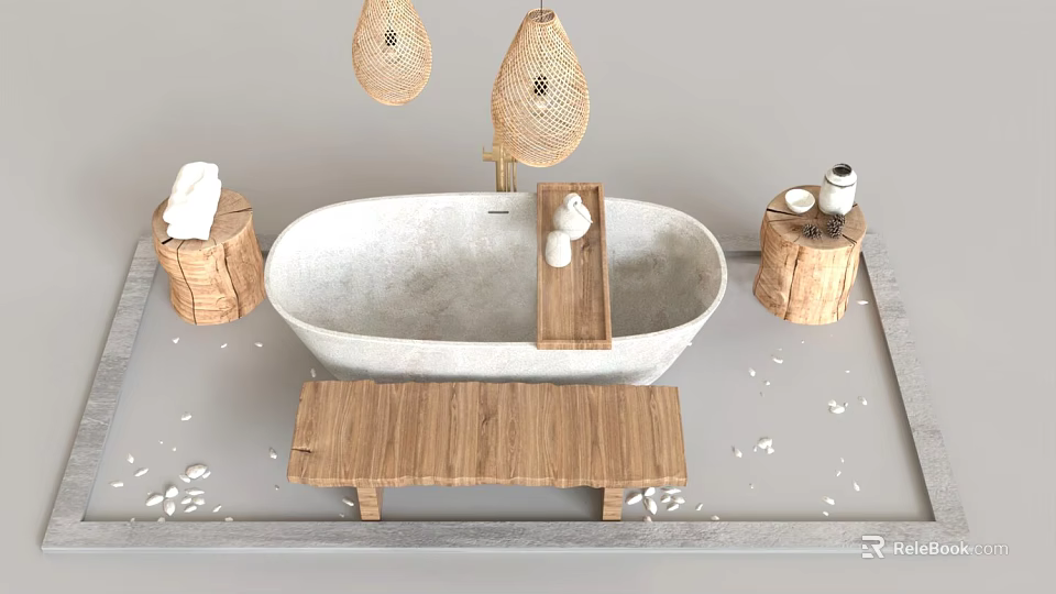 Serene White Bathtub With Woven Pendant Lights Wooden Stools White Towels And Petals 3d model 