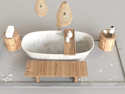 Serene White Bathtub With Woven Pendant Lights Wooden Stools White Towels And Petals 3d model
