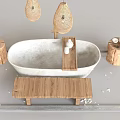 Serene White Bathtub With Woven Pendant Lights Wooden Stools White Towels And Petals