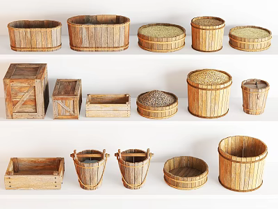 Wooden Decorative Ornament Set with Various Shapes Buckets Bowls and Boxes for Home Interior 3d model