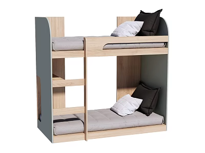 Wooden Bunk Bed With Light Wood Gray Frame Gray Mattresses And Black White Pillows 3d model