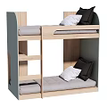 Wooden Bunk Bed With Light Wood Gray Frame Gray Mattresses And Black White Pillows
