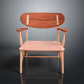 Stylish Wooden Chair With Oval Backrest And Woven Seat And Armrests For Modern Living Room
