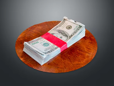 Stack of US Dollar Bills Secured with Red Tape on Round Wooden Board 3d model