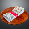Stack of US Dollar Bills Secured with Red Tape on Round Wooden Board 3d model