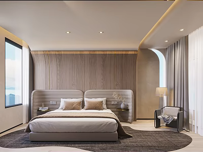 Modern Bedroom Interior Design With Wooden Headboard Bed Pillows Area Rug and Curtains 3d model