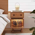 Natural Wood Two Tier Bedside Table With Lamp And Book Next To Wooden Bedroom Bed