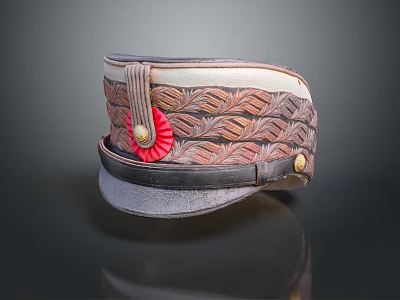 Vintage Leather Decorative Hat With Woven Texture Red Badge And Gold Button 3d model