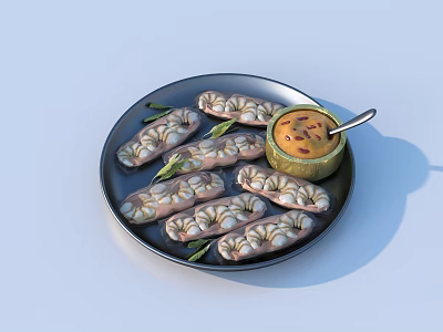 Golden Brown Sausage Rolls Served On Black Plate With Fresh Herbs And Dip Sauce 3d model