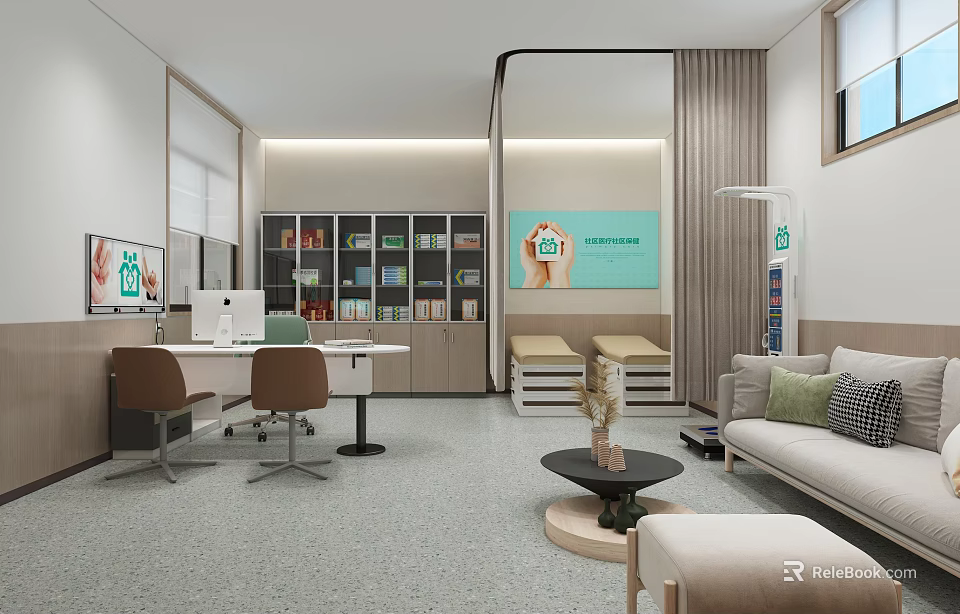 Medical Consultation Room Interior With Tables Chairs Sofa Coffee Table Shelves And Care Sign 3d model 