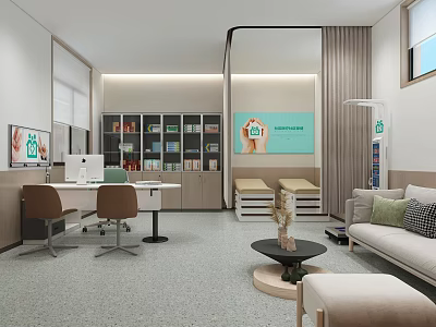 Medical Consultation Room Interior With Tables Chairs Sofa Coffee Table Shelves And Care Sign 3d model