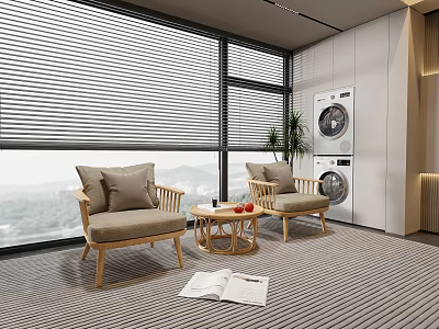 Casual Sofa Set with Light Wood Chairs Gray Cushions and Mountain View Through Window Blinds 3d model