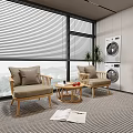 Casual Sofa Set with Light Wood Chairs Gray Cushions and Mountain View Through Window Blinds
