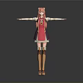 Woman with pink hair wearing red dress and stockings arms outstretched