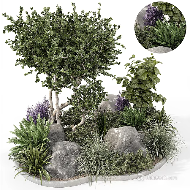Bonsai Potted Tree Arrangement With Green Plants Rocks And Purple Ferns 3d model 