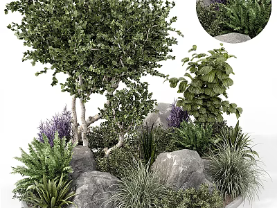 Bonsai Potted Tree Arrangement With Green Plants Rocks And Purple Ferns 3d model
