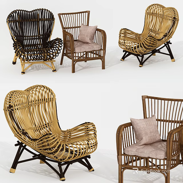 Modern Wicker Leisure Chairs In Black And Brown With Comfortable Cushions And Curved Design 3d model 