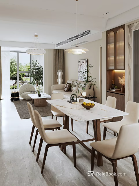 Modern Living and Dining Room Interior with Sofa Dining Table Chairs and Natural Light 3d model