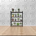 Garden Decorative Multi Tiered Shelf Holding Various Potted Plants With Colorful Pots And Geometric Wall