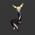 Young Girl Character With Twin Ponytails In Blue Dress Holding Yellow Bristle Broom