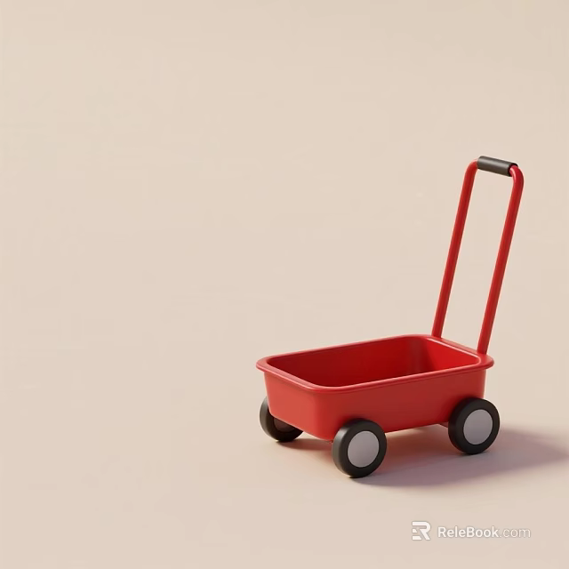 Red Kids Toy Cart With Black Handle And Four Wheels On Light Background 3d model 