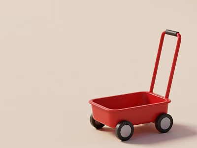 Red Kids Toy Cart With Black Handle And Four Wheels On Light Background 3d model