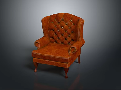 Classic Brown Leather Armchair With Tufted Backrest Curved Armrests And Wooden Legs 3d model
