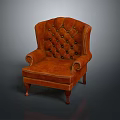 Classic Brown Leather Armchair With Tufted Backrest Curved Armrests And Wooden Legs