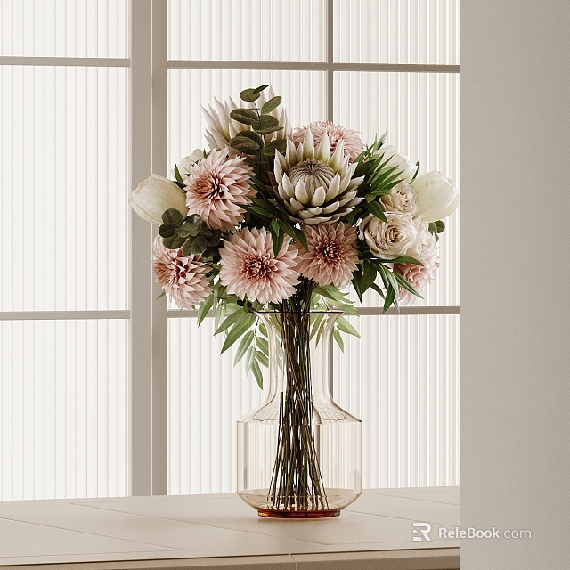 Clear Glass Vase With Pastel Pink Dahlias White Roses And Fresh Green Leaves 3d model 