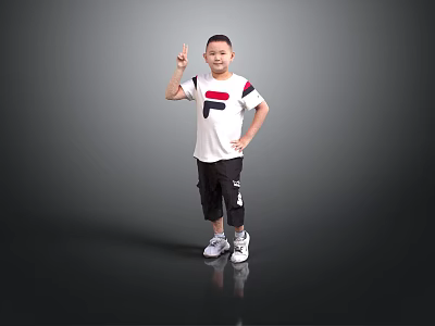 Boy Wearing White T Shirt With Red Black Design Black Shorts Gesturing On Gray Background 3d model