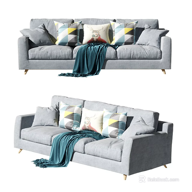 Modern Gray Fabric Three Seater Sofa with Geometric Pattern Pillows and Teal Throw Blanket Design 3d model