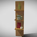 Wooden Bookshelf With Multiple Shelves Holding Stacked Books Green Bottle Red Book And Cup