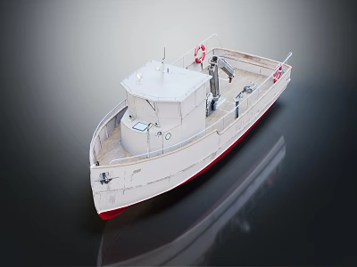 White Wooden Boat With Red Bottom Cabin And Lifebuoy On Deck 3d model