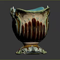 Decorative Carved Ceramic Sculpture With Turquoise Blue Top Brown Orange Patterns And Ornate White Base