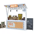 Wooden Cabin Style Market Stall With Plants Birdcage Menu Board And Decorations