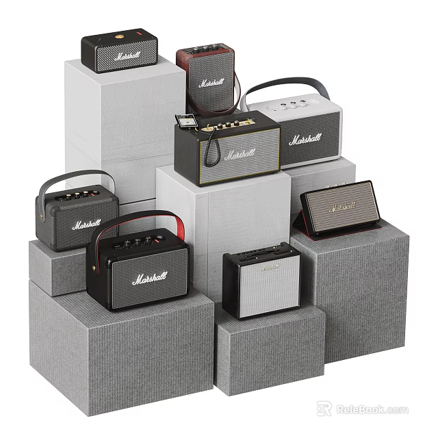 Marshall Speakers Display Featuring Different Models On Grey Pedestals Collection 3d model