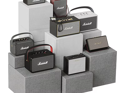 Marshall Speakers Display Featuring Different Models On Grey Pedestals Collection 3d model