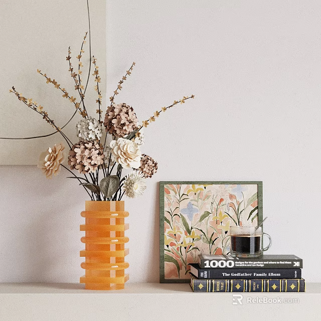 Orange Ribbed Vase With Brown And White Dried Flowers On Table With Floral Art Books 3d model 