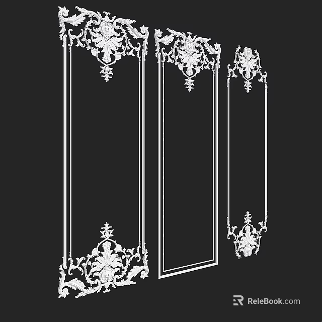 Ornate White Decorative Frames With Intricate Patterns On Black Background Three Panel Design 3d model