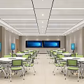 Spacious School Cafeteria With White Tables Green Chairs TV Screens Grid Ceiling And Wall Signboards